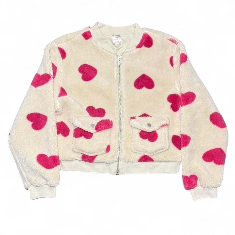 No Boundaries Cream & Pink Heart Sherpa Fleece Zip-Up Jacket
